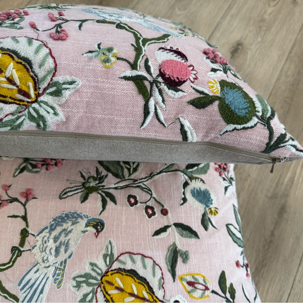 18” Crewel Embroidered Decorative Two Pillow Pink With Birds Floral Pomegranate - Picture 6 of 6